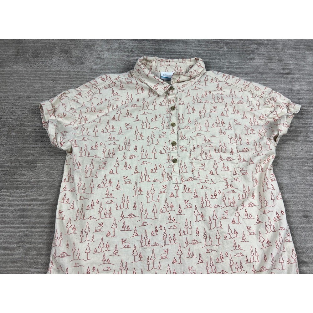 Columbia Shirt Womens XL Cream Red Pine Tree Nature Hemp Cotton Button Up Top - Picture 2 of 12